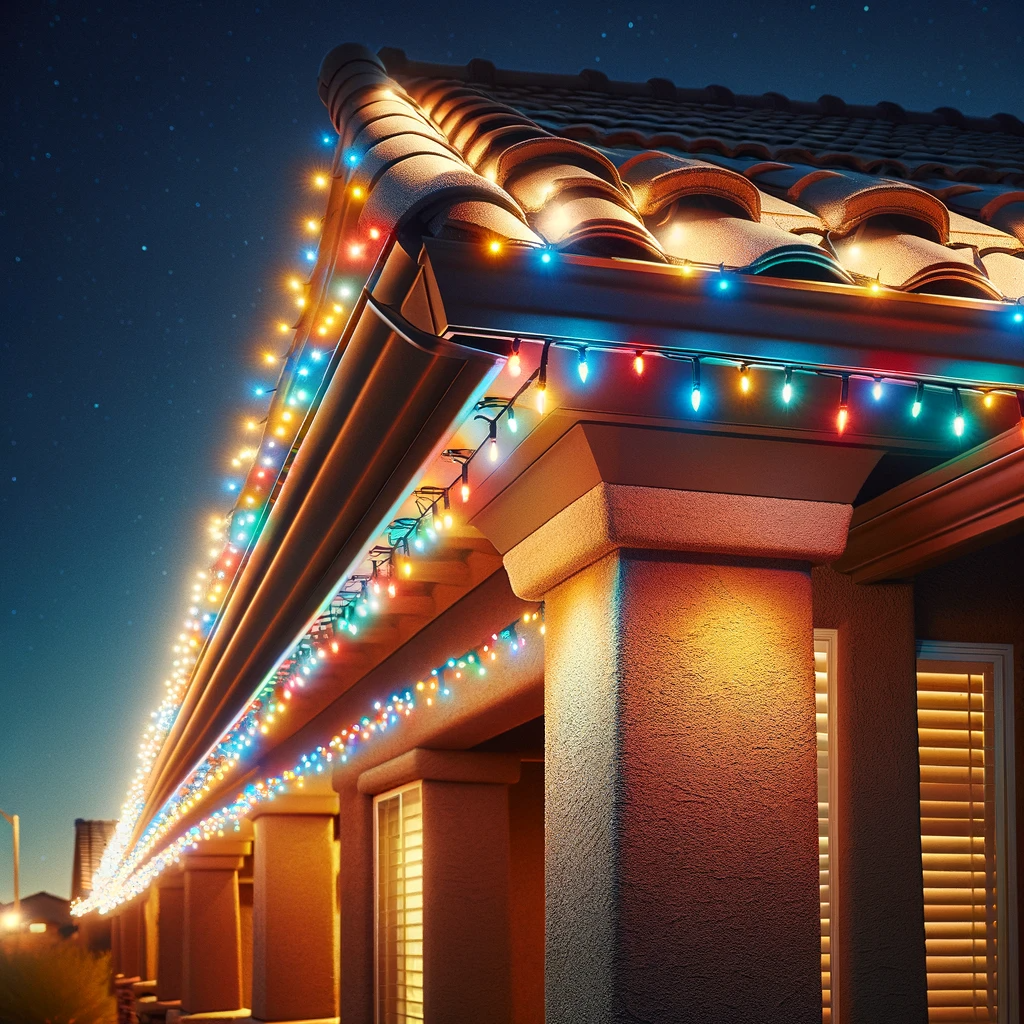 Holiday Lights, Safe Nights: Ensuring a Merry Roof this Festive Season 3 DALL·E 2023 11 27 09 44 12 A Close Up View Of A House Roof Line In Arizona, Focusing On The Christmas Lights Hanging From The Roof's Edge The Scene Is Set In The Evening, Highl