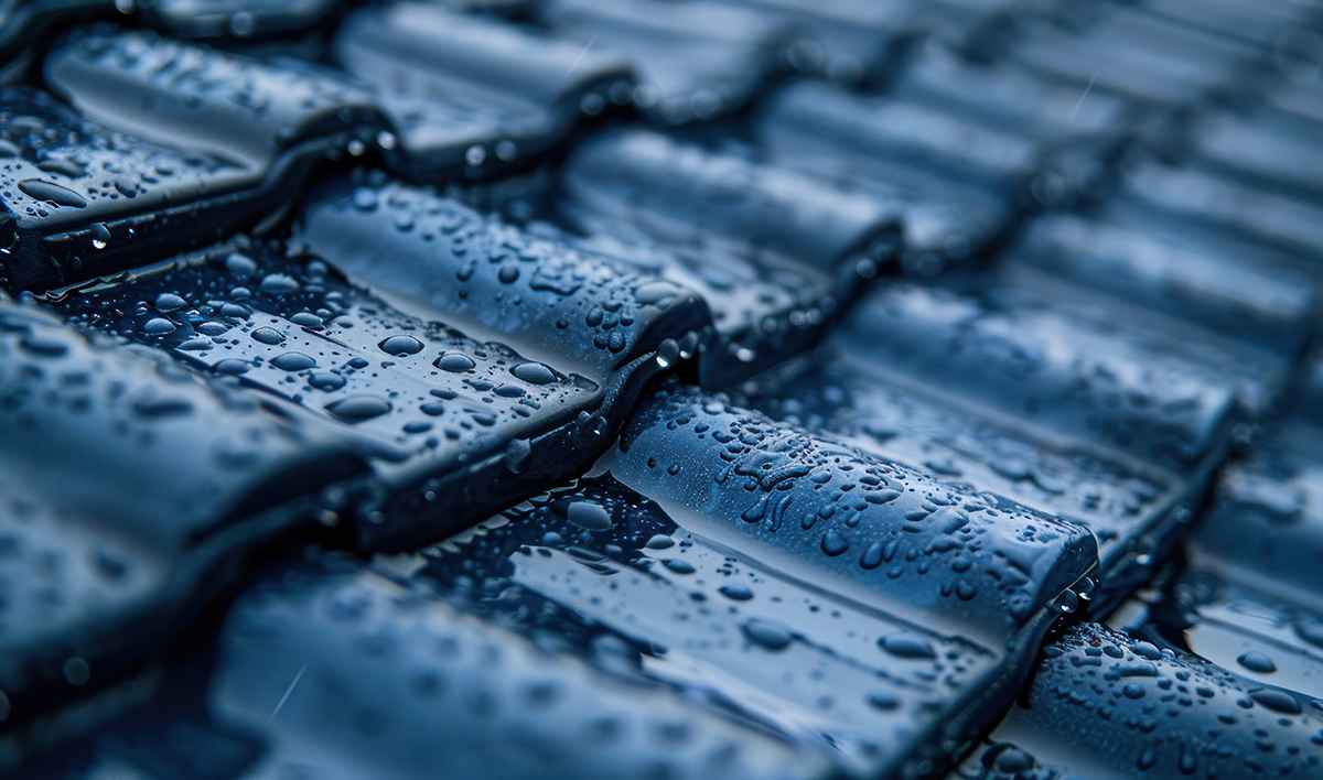 Close Up Of Raindrops On Dark Blue Roof Tiles, Explore The Durability Of Metal Roofs In Various Weather Conditions Concept